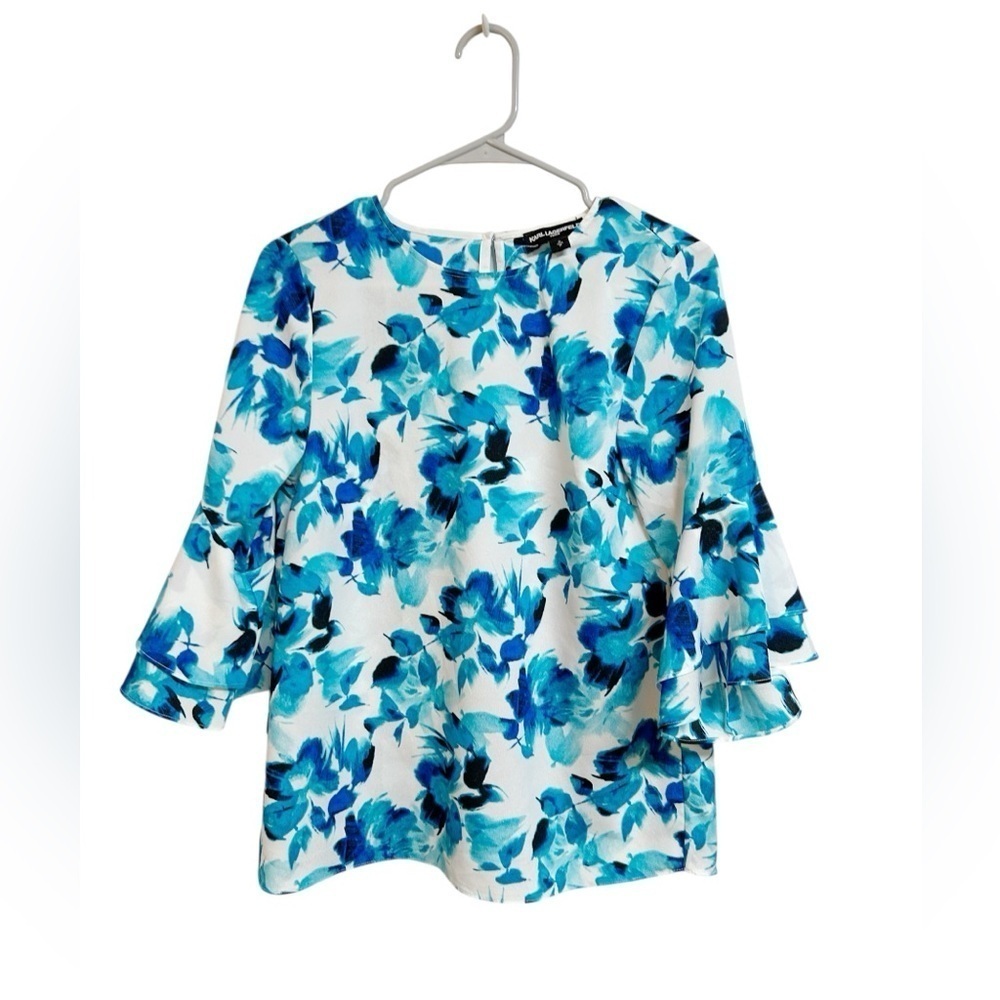 Karl Lagerfeld Paris Blue and White Floral Bell Sleeve Blouse Size Small NWOT